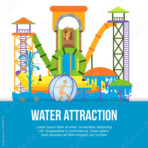 Water attraction or aquapark for kids with different water slides, hills tubes and pools vector illustration. Blue and yellow waterpark attraction poster.