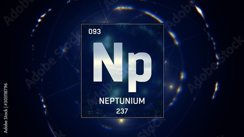 3D illustration of Neptunium as Element 93 of the Periodic Table. Blue illuminated atom design background with orbiting electrons. Design shows name, atomic weight and element number
