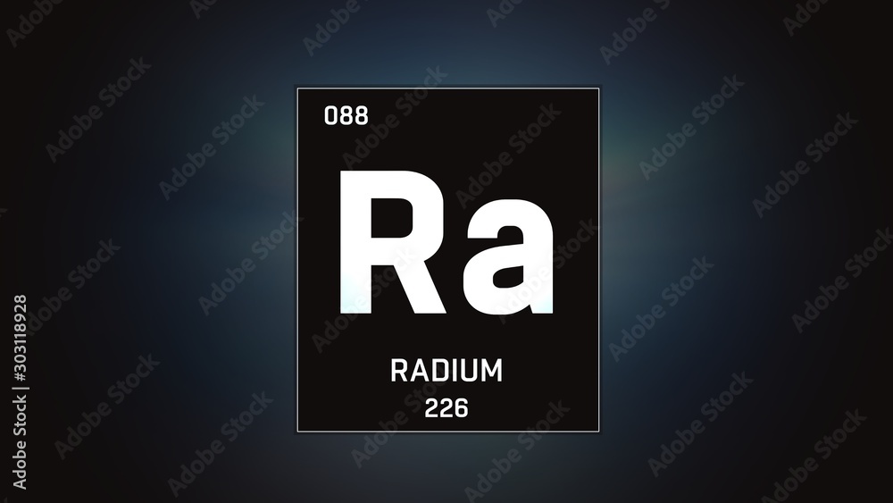 3D illustration of Radium as Element 88 of the Periodic Table. Grey illuminated atom design background with orbiting electrons. Design shows name, atomic weight and element number 3D illustration of Radium as Element 88 of the Periodic Table. Grey illuminated atom design background with orbiting electrons. Design shows name, atomic weight and element number