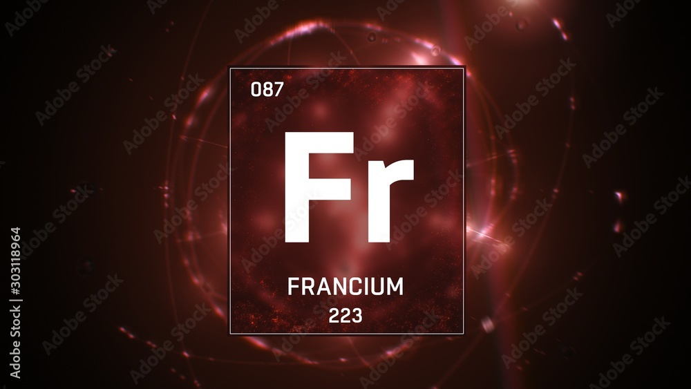3D illustration of Francium as Element 87 of the Periodic Table. Red illuminated atom design background with orbiting electrons. Design shows name atomic weight and element number Stock Illustration A...