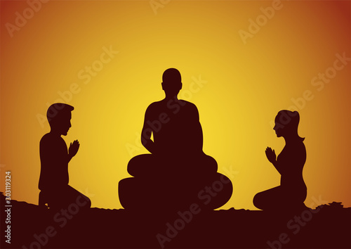 Buddhist woman and man pay respect to monk politely with faith and believe,silhouette style vector illustration