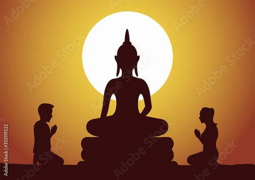 Buddhist woman and man pay respect to Buddha sculpture politely with faith and believe,silhouette style vector illustration