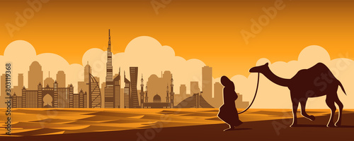 man and camel walk in desert nearby dubai famous landmark,vintage color