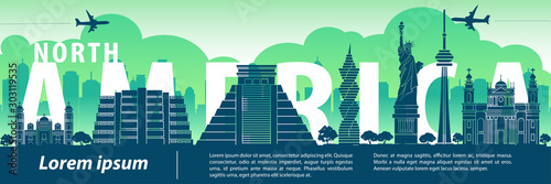 north america top famous landmark silhouette style,text within,travel and tourism,vector illustration