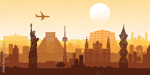  north america famous landmark silhouette style with row design on sunset time,vector illustration