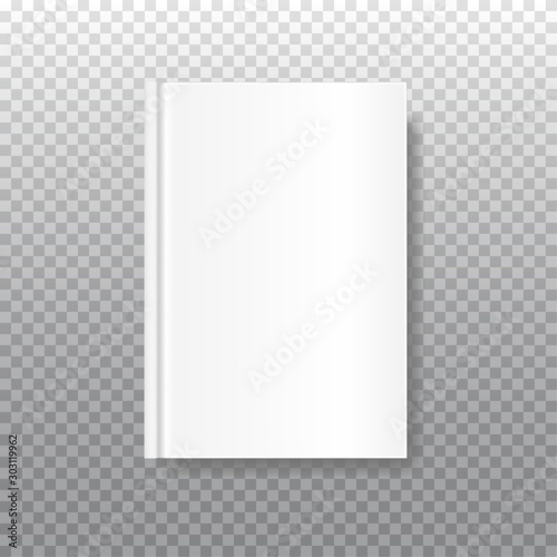 White blank book cover isolated on transparent background. Realistic closed vertical book mock up, magazine or notebook template for your design. In front side of book. Vector illustration