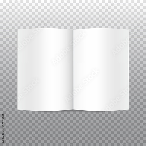 Vector mock up of open white blank book isolated on transparent background. Horizontal realistic magazine, booklet, brochure or notebook template for your design. In front side of book.