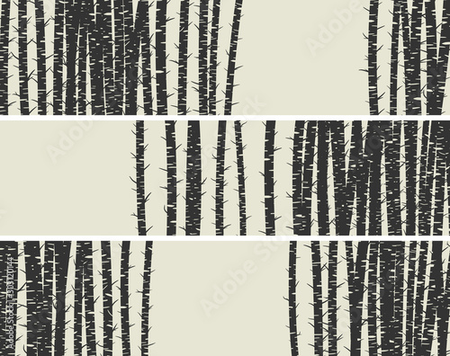 Set of horizontal banners with birch trunks forest.