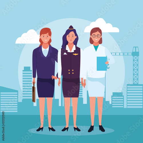 cartoon businesswoman with air hostess and doctor woman standing