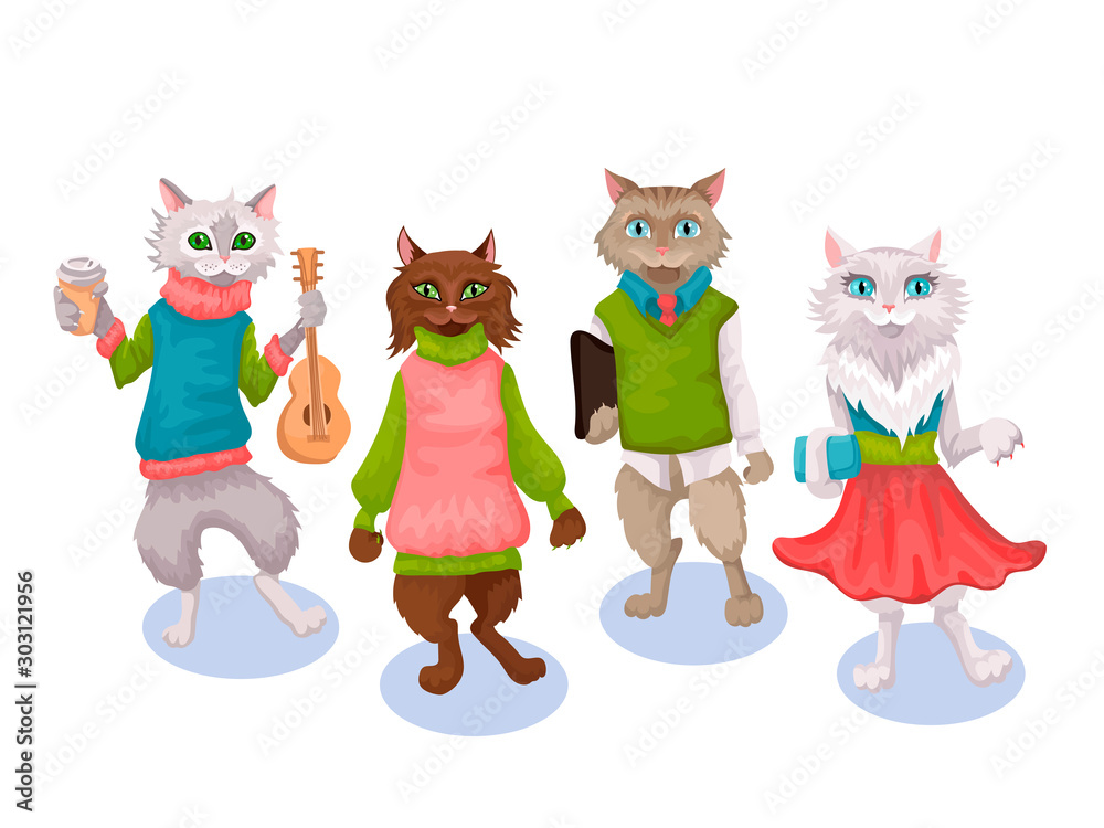 Set of characters of cats in clothes, different characters and dresses. The musician, girls in jumpers and office business manager Set of characters of cats in clothes, different characters and dresses. The musician, girls in jumpers and office business manager