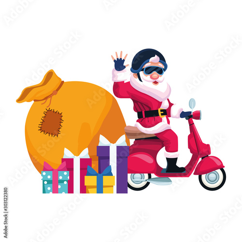 cool santa claus on a motorcycle with gift boxes