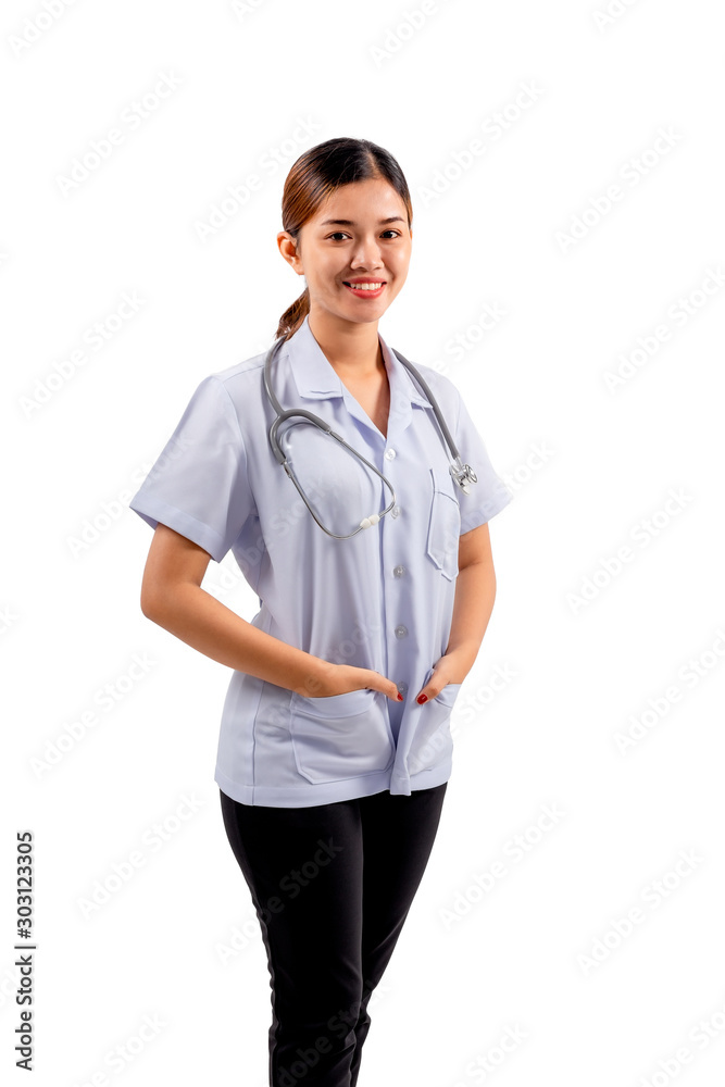 Smiling Asian woman doctor with clipping path standing isolated on white background. Smiling Asian woman doctor with clipping path standing isolated on white background.