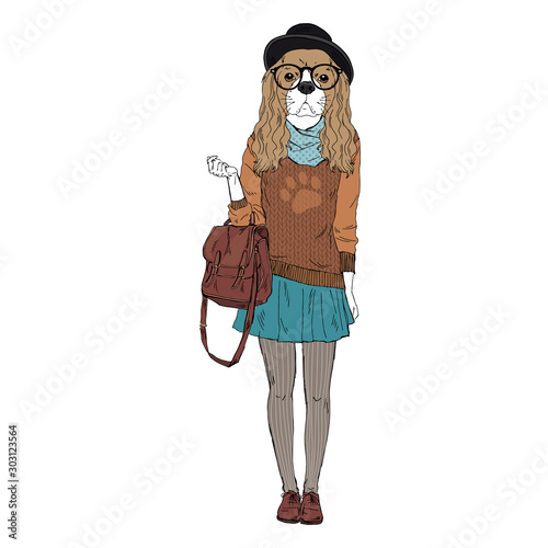 Humanized Cavalier King Charles Spaniel breed dog dressed up in hipster style outfits. Design for dogs lovers. Fashion anthropomorphic doggy illustration. Hand drawn vector.