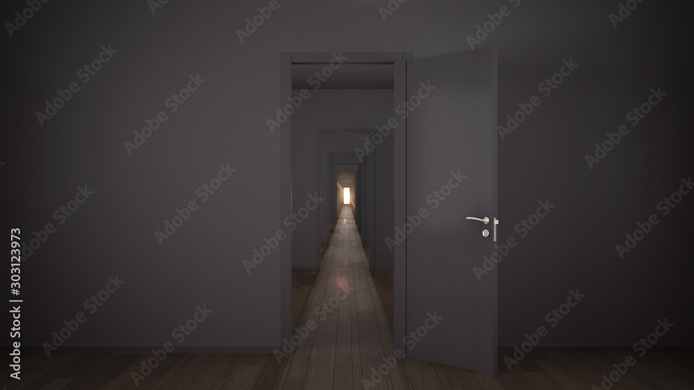 Empty dark architectural interior with infinite open doors, endless corridor of doorway, walkaway, labyrinth. Move forward, opportunities, business, future, concept with copy space