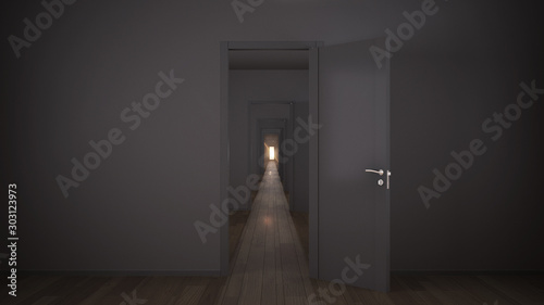 Fototapeta Naklejka Na Ścianę i Meble -  Empty dark architectural interior with infinite open doors, endless corridor of doorway, walkaway, labyrinth. Move forward, opportunities, business, future, concept with copy space