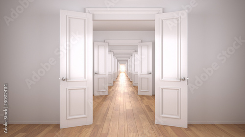 Empty white architectural interior with infinite open doors, endless corridor of doorway, walkaway, labyrinth. Move forward, opportunities, business, future, concept with copy space photo