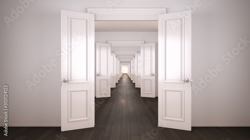 Empty white and gray architectural interior with infinite open doors, endless corridor of doorway, walkaway, labyrinth. Move forward, opportunities, future, concept with copy space