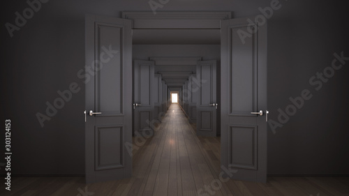 Empty dark architectural interior with infinite open doors  endless corridor of doorway  walkaway  labyrinth. Move forward  opportunities  business  future  concept with copy space