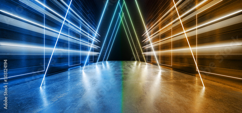 Futuristic Sci Fi Triangle Neon Glowing Laser Underground Concrete Grunge Reflective Lasers Orange Blue Studio Show Night Lights Hallway  Spaceship Background 3D Rendering