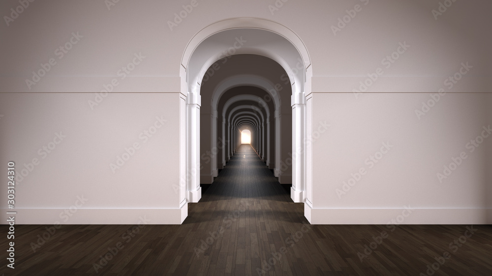 Empty white and gray architectural interior with infinite arch doors, endless corridor of doorway, walkaway, labyrinth. Move forward, opportunities, future, concept with copy space