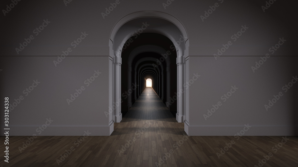 Empty dark architectural interior with infinite arch doors, endless corridor of doorway, walkaway, labyrinth. Move forward, opportunities, business, future, concept with copy space Empty dark architectural interior with infinite arch doors, endless corridor of doorway, walkaway, labyrinth. Move forward, opportunities, business, future, concept with copy space