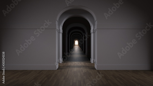 Empty dark architectural interior with infinite arch doors  endless corridor of doorway  walkaway  labyrinth. Move forward  opportunities  business  future  concept with copy space