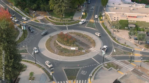 Aerial over a traffic circle or roundabout in Healdsburg, a winemaking region of Napa Valley. California, USA. 7 November 2019 photo