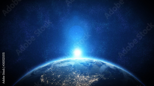 World and sun realistic 3D rendering. Shiny sunlight over Planet Earth, cosmos, atmosphere. Shot from Space satellite