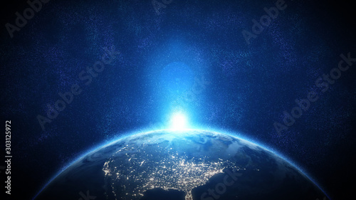 World and sun realistic 3D rendering. Shiny sunlight over Planet Earth, cosmos, atmosphere. Shot from Space satellite