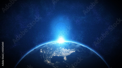 Fototapeta Naklejka Na Ścianę i Meble -  World and sun realistic 3D rendering. Shiny sunlight over Planet Earth, cosmos, atmosphere. Shot from Space satellite