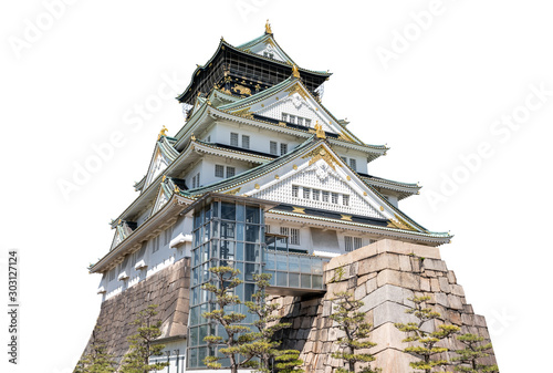 Osaka castle isolated white background with clipping path, most visited place in Osaka, Japan
