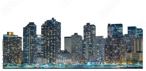 Skyscraper at night, high-rise building in Lower Manhattan, New York City, isolated white background with clipping path