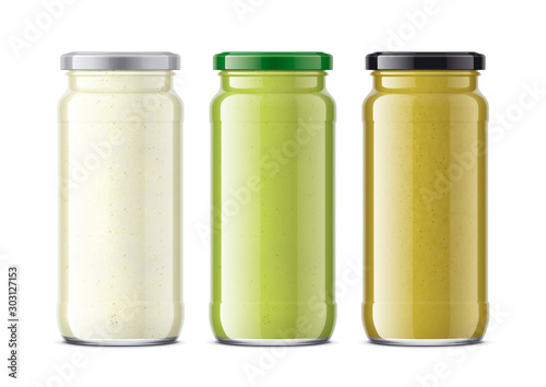 Set of Glass Jar with Sauces, Mustard, Wasabi, Horseradish. 