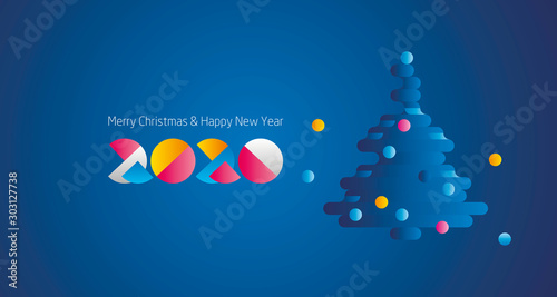 Merry Christmas Happy New Year 2020 modern future colorful design with abstract Christmas tree and numbers logo blue greeting card