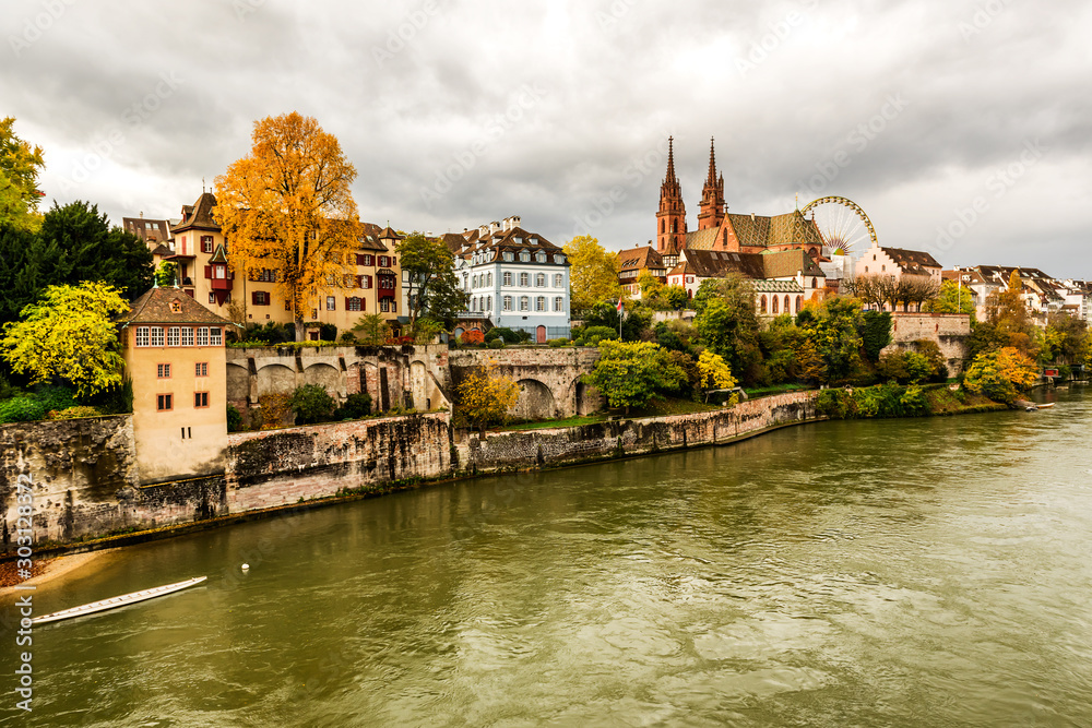  Old city center of Basel with Munster cathedral and the Rhine river in Switzerland