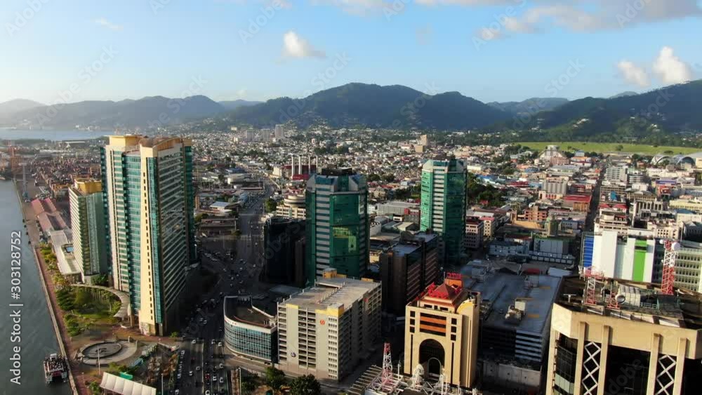 Aerial view of the skyscrapers of Port of Spain. Business and government buildings in the center of the capital of Trinidad and Tobago.coast line of the seafront and port.