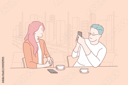 Business, interview, advertising, blog concept. Young man, woman met in lunch talks in informal setting. Journalist conducts survey at successful businesswoman during breakfast. Promotion. Flat vector