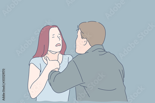 Strangulation, domestic violence, beating, alcohol problem, jealousy concept. Man husband in rage tries to strangle his young wife woman, of distrust. Psychopath guy maniac attacked girl. Flat vector.