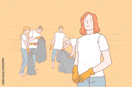 Volunteering, eco, environment, pollution concept. Young Enterprising responsible people, men and women teenagers voluntarily clean territory. Teens boys and girls sorting garbage. Flat simple vector.