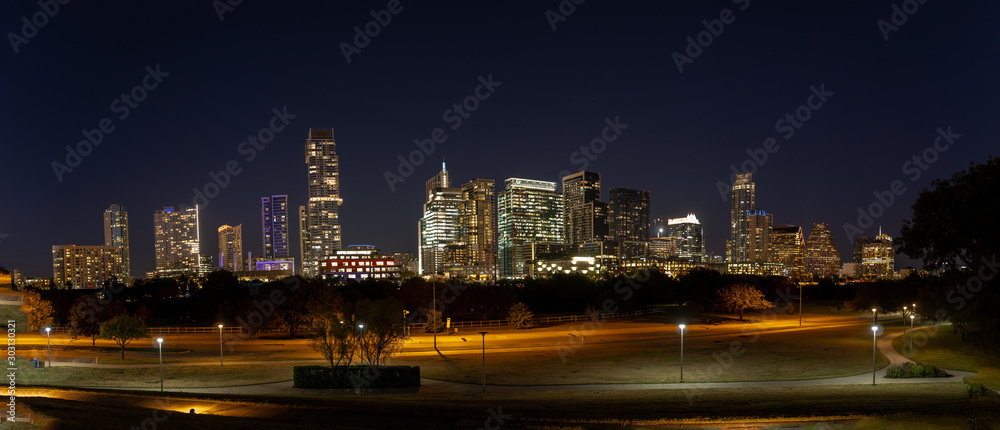 Austin Texas Panoramic Skyline Photo at Night with skyscrapers
