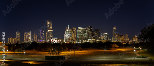 Austin Texas Panoramic Skyline Photo at Night with skyscrapers