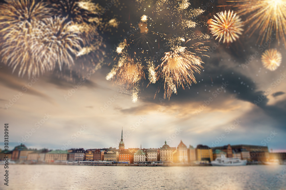 Stockholm at dusk with fireworks. New Years eve and celebrations concept. 