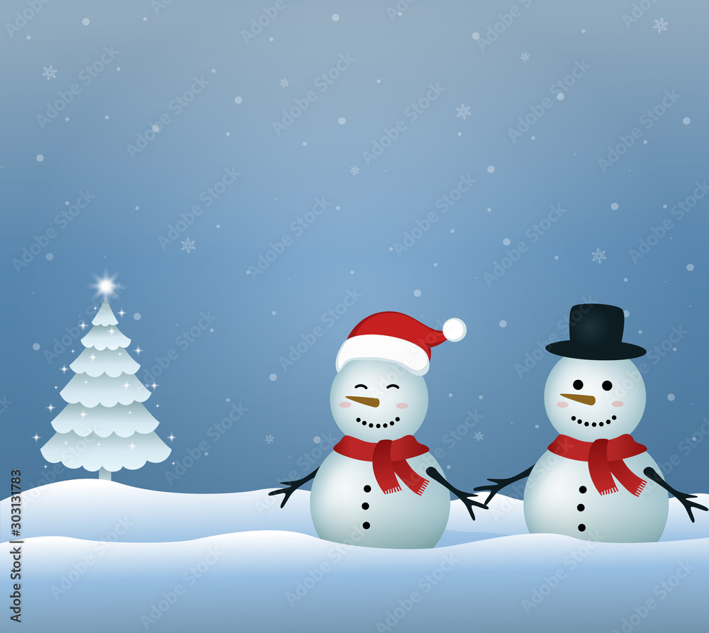   Romantic snow pair in winter. Vector illustration of a Christmas tree. Christmas Eve scenery