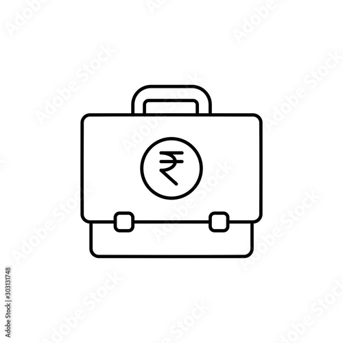 Briefcase with Indian Rupee sign. Outline thin line flat illustration. Isolated on white background. 