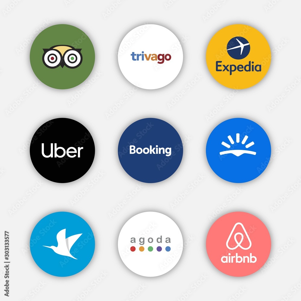 Social Network Travelling Application Icon Social Media Logos Of Tripadvisor Uber Traveloka Trivago Booking Agoda Expedia Skyscanner Airbnb Stock Vector Adobe Stock