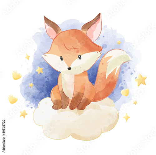 cute fox sitting on the cloud with stars