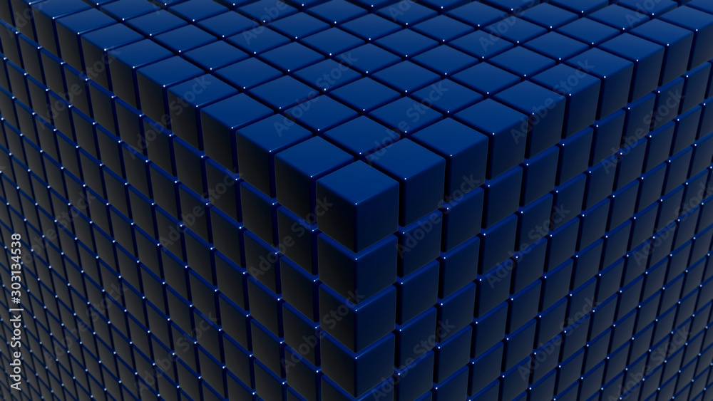 Naklejka premium Dark Cube Collapsing Into Small Elements. Futuristic Glowing Shape, Science Fiction and Technology Concept. 3D Render.