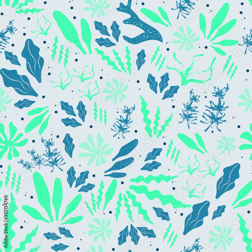 Underwater seamless pattern with various blue green seaweed, corals in flat style on grey background. Endless kid texture with hand drawn undersea world. Nautical backdrop.Vector illustration
