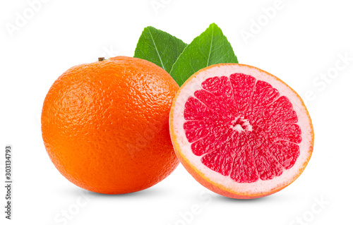 pink orange or grapefruit with leaf isolated on white background