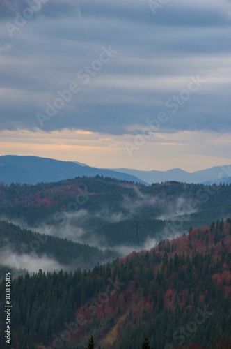 Autumn landscape background in the rain weather with fog